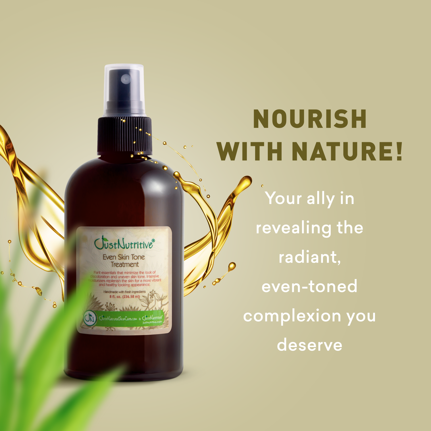 Brown bottle with label on a beige background with text 'Nourish with Nature'.