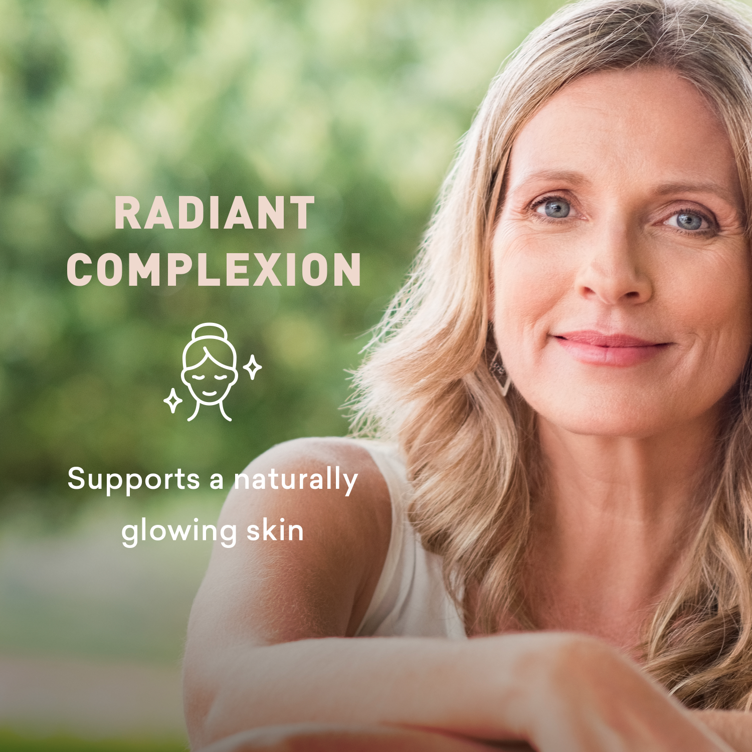 Woman with a radiant complexion against a blurred green background