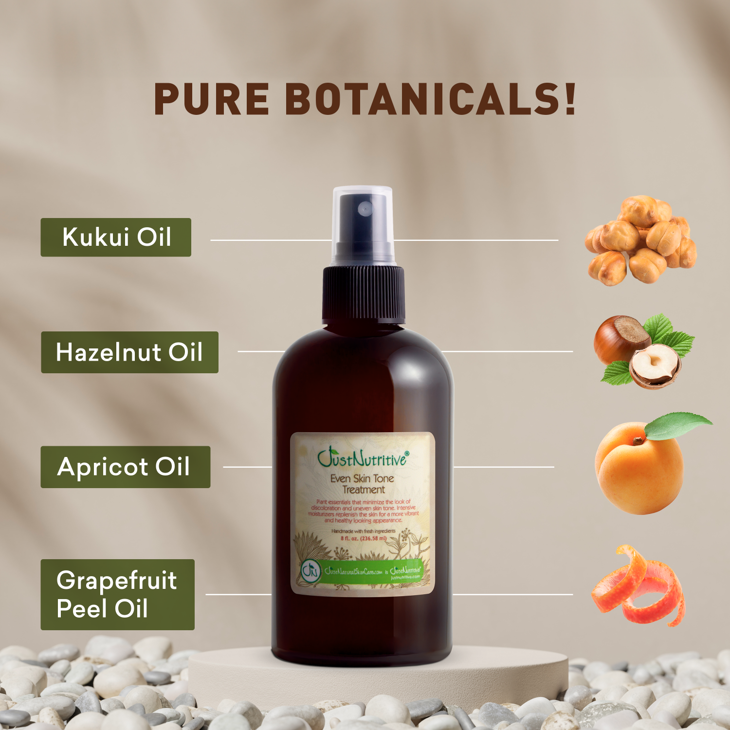 Bottle of natural oil product with botanical ingredients on a textured background