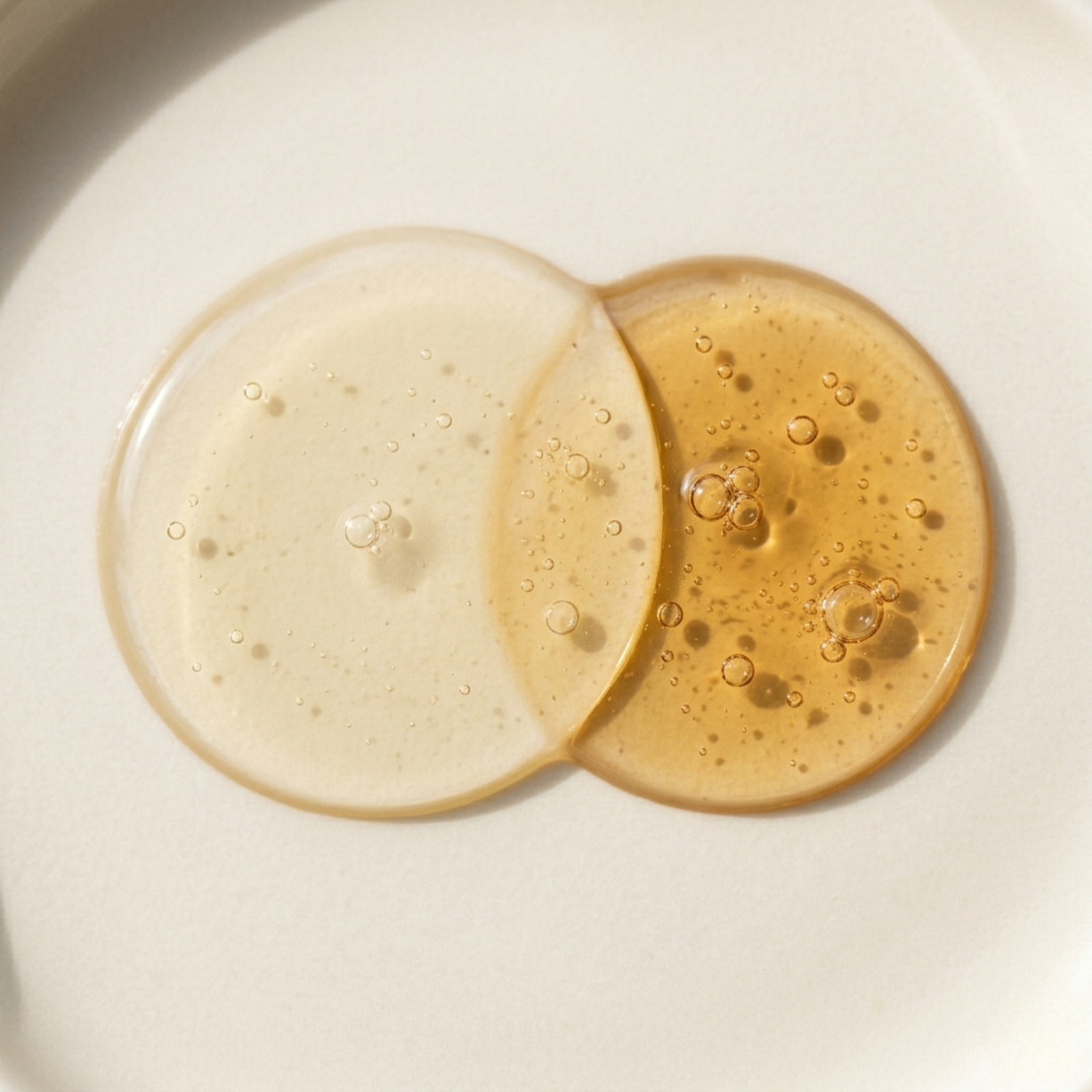 Two droplets of liquid, one beige and one brown, on a light background.