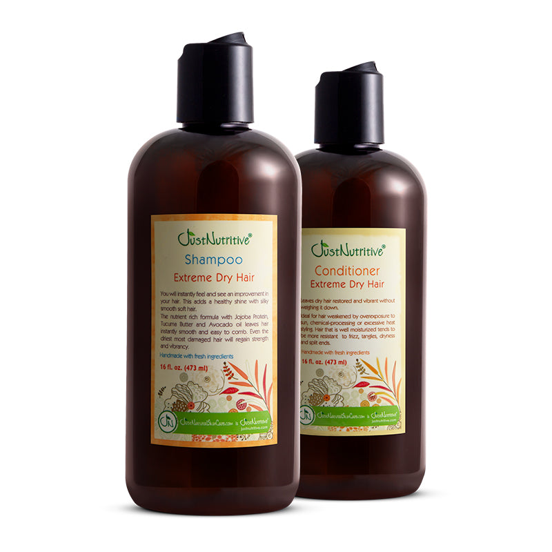 Just Nutritive Extreme Dry Hair Duo: Extreme Dry Hair Shampoo and Extreme Dry Hair Conditioner bottles