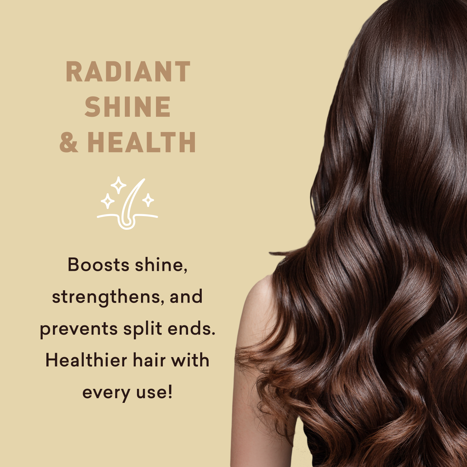 Woman with long, wavy hair on a beige background with text about hair care product benefits.