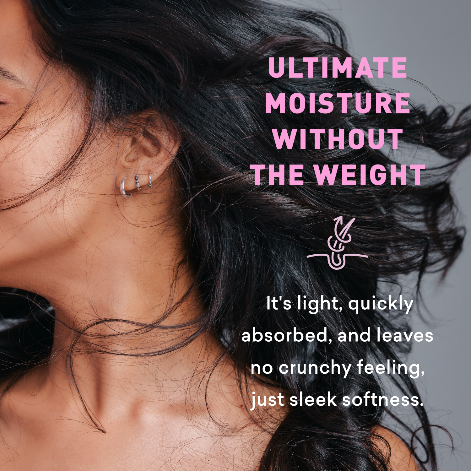 Woman with styled hair and text about hair product benefits on a gray background