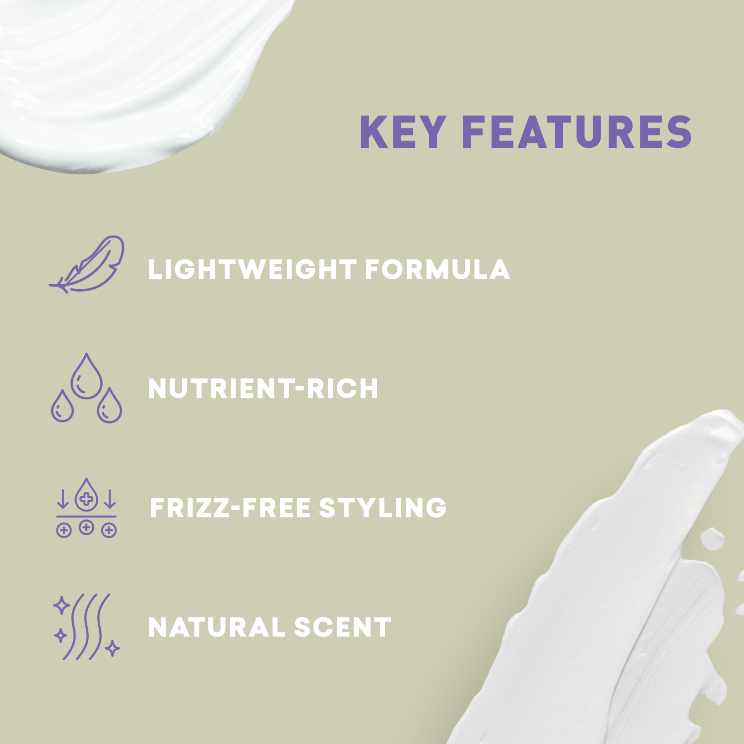 Key features of a hair care product on a beige background with white product application.