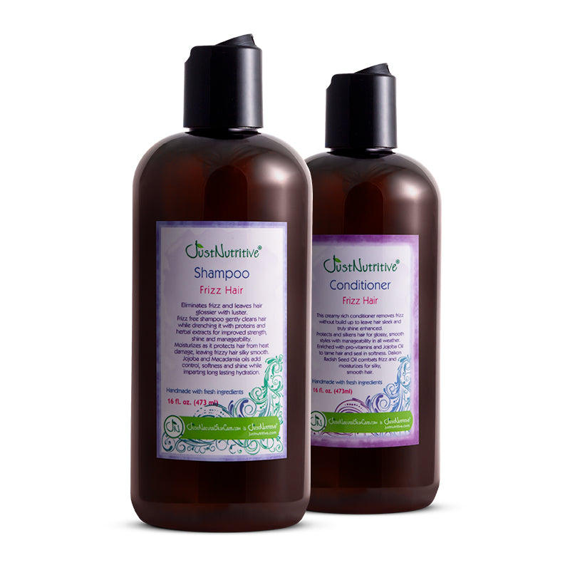 Just Nutritive Frizz Hair Duo: Frizz Hair Shampoo and Frizz Hair Conditioner bottles