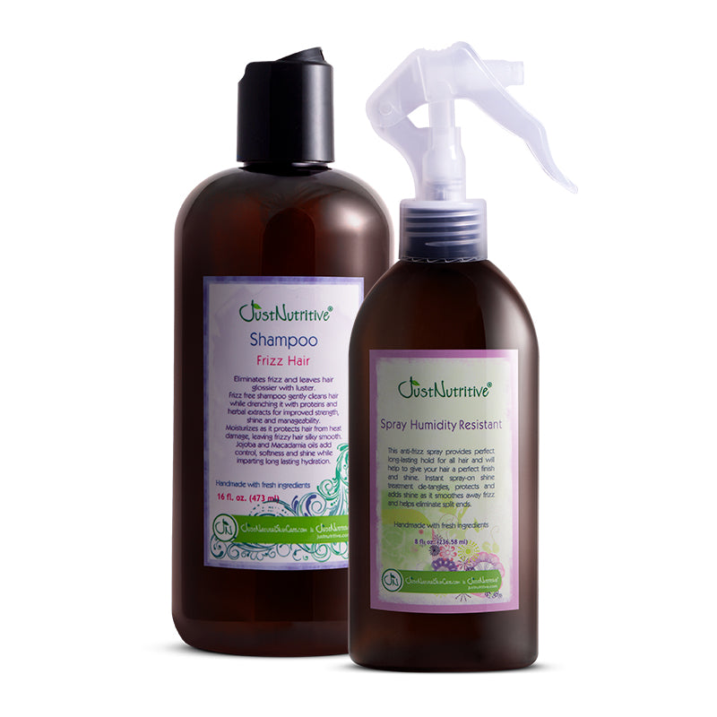 Just Nutritive Frizz Hair Shampoo and Spray Humidity Resistant bottles