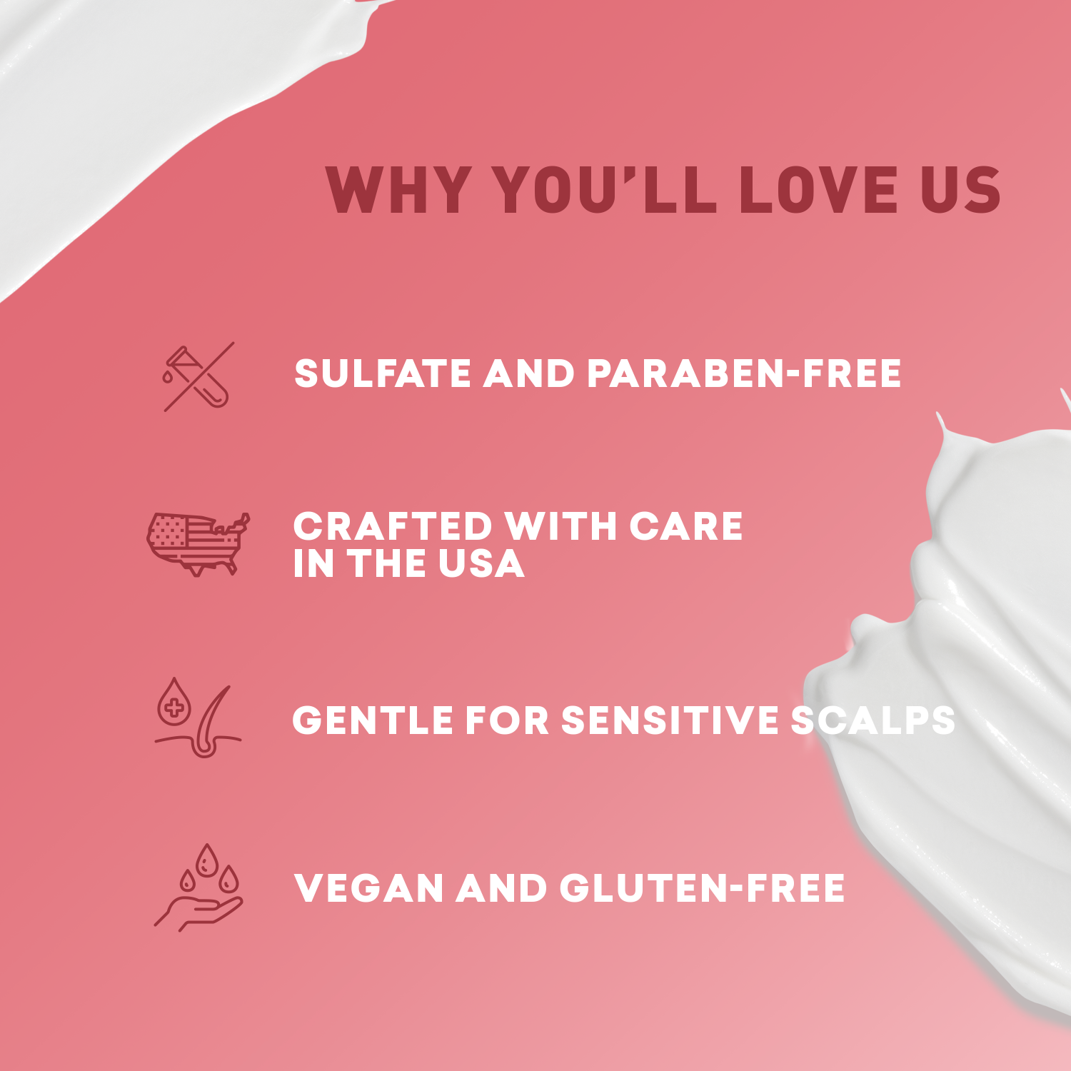 Product packaging with text highlighting features on a pink background