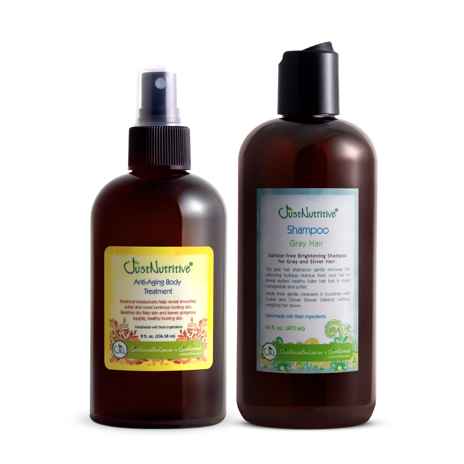 Two brown bottles of OustNourish hair care products on a white background