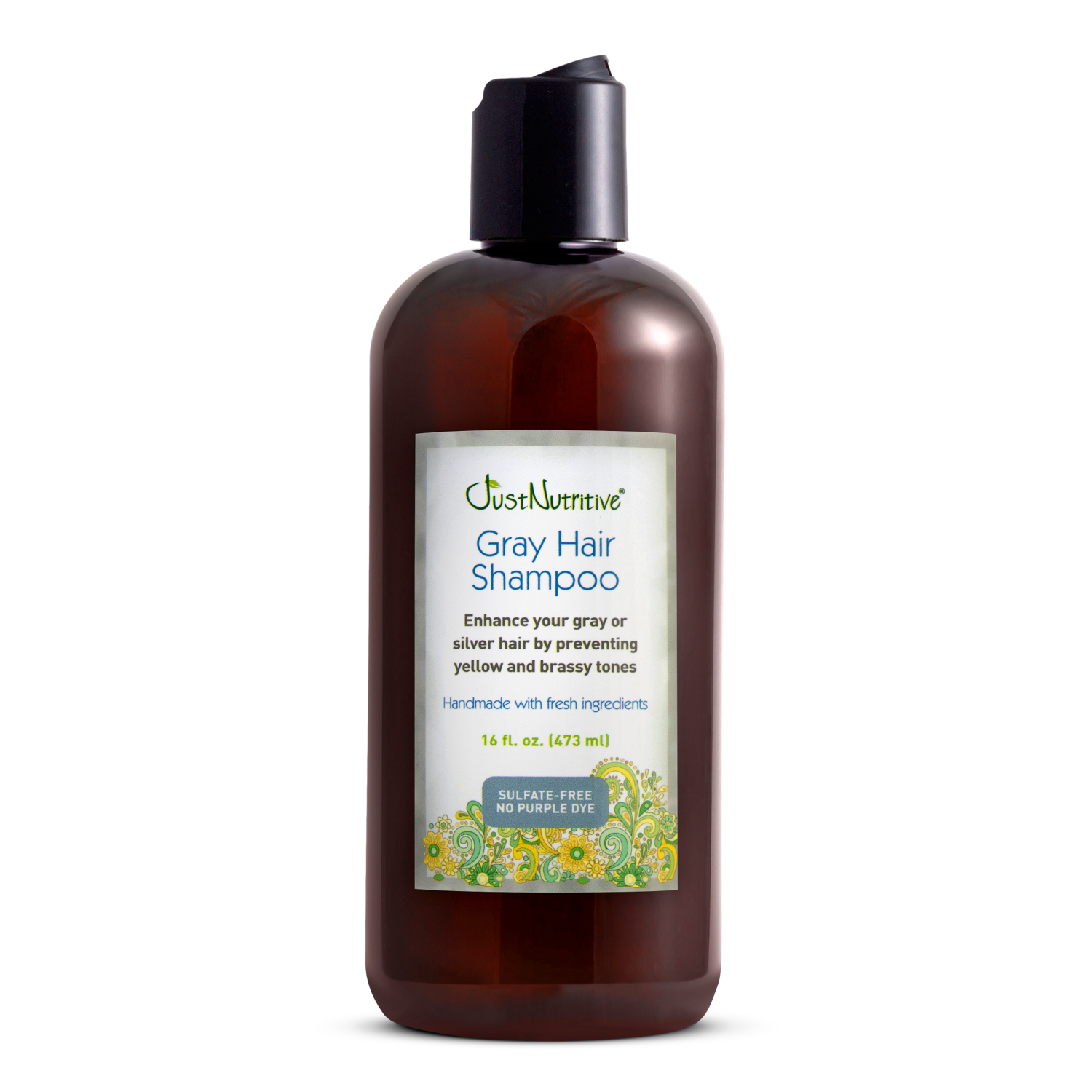 Brown bottle of Gray Hair Shampoo with a label on a white background