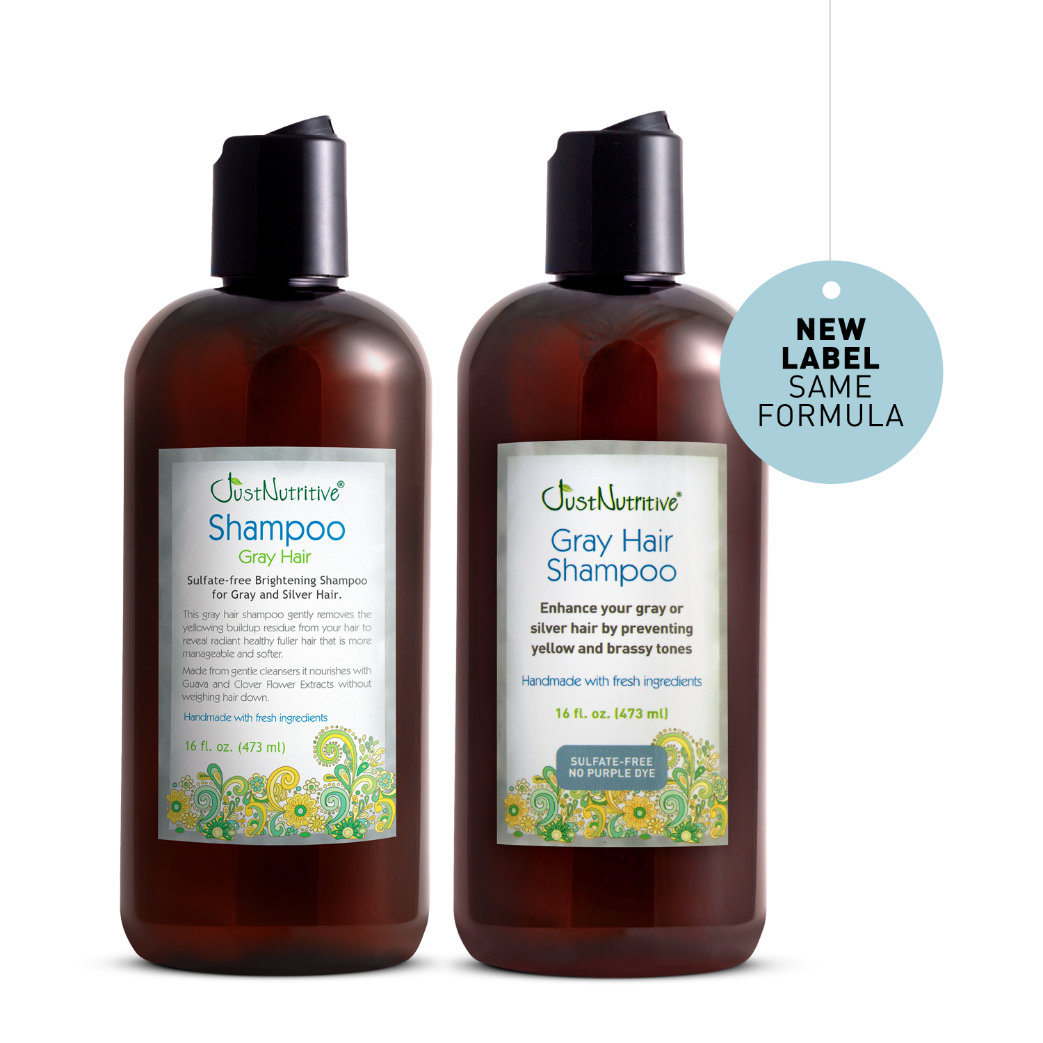 Two bottles of Just Nutive Gray Hair Shampoo on a white background with a label indicating 'New Label Same Formula'.