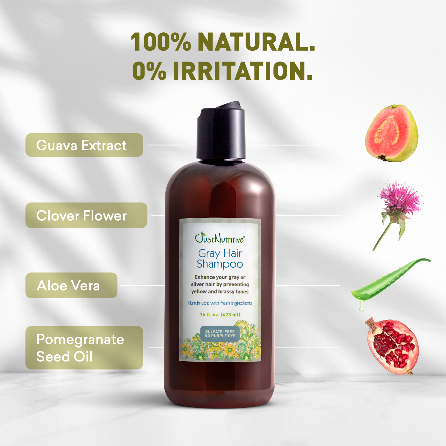 Gray hair shampoo bottle with natural ingredients on a white background