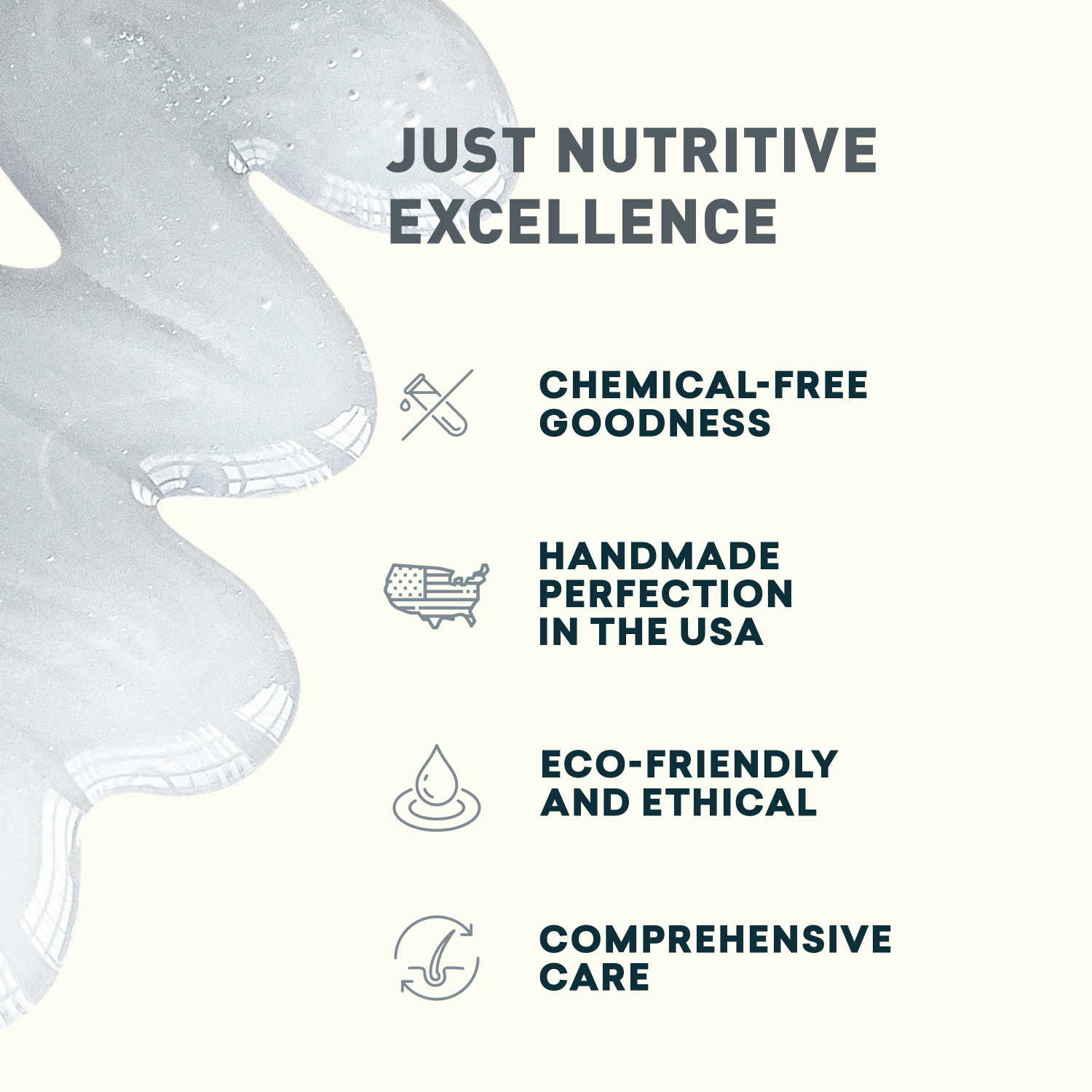 Product packaging with text highlighting 'Just Nutritive Excellence' and features like chemical-free goodness, handmade perfection in the USA, eco-friendly and ethical, and comprehensive care.