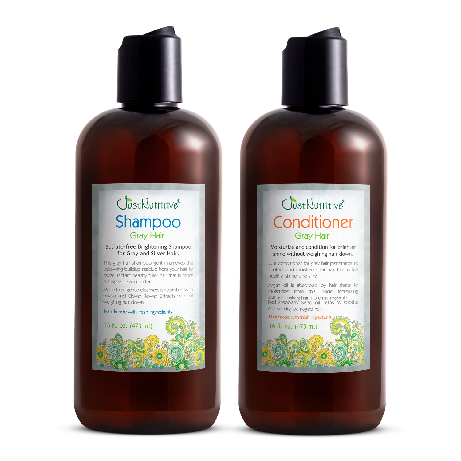 Two bottles of JustNourish shampoo and conditioner for gray hair on a white background