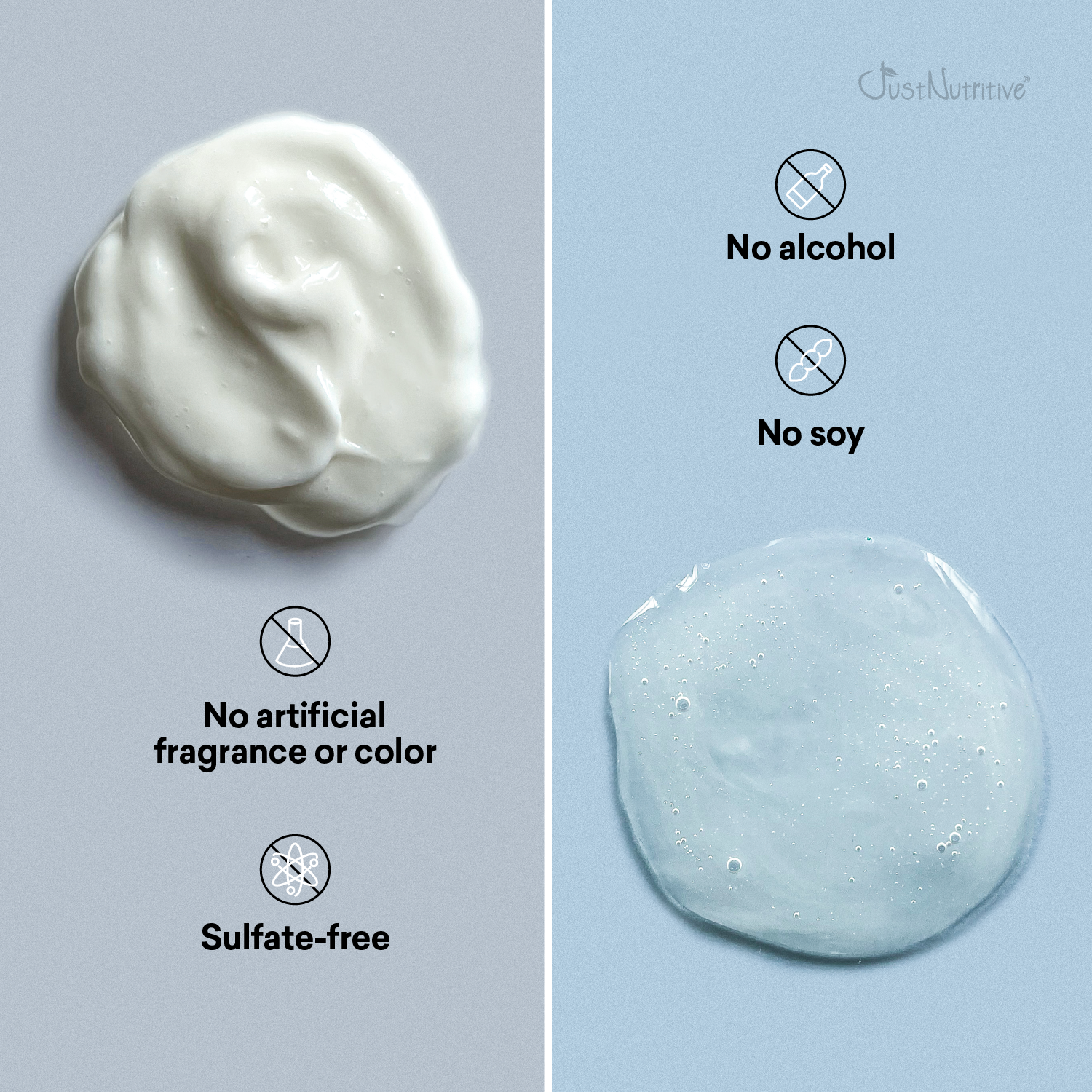 Two swatches of cream on a gray and blue background with icons and text indicating product features.