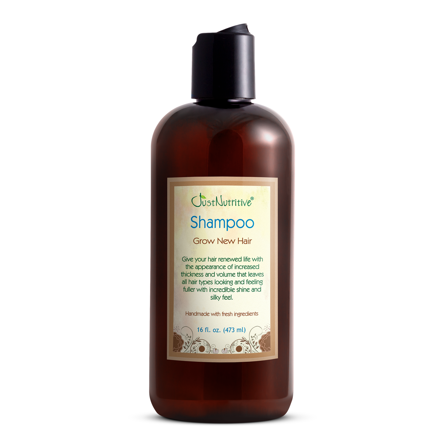 Brown shampoo bottle with label on a white background