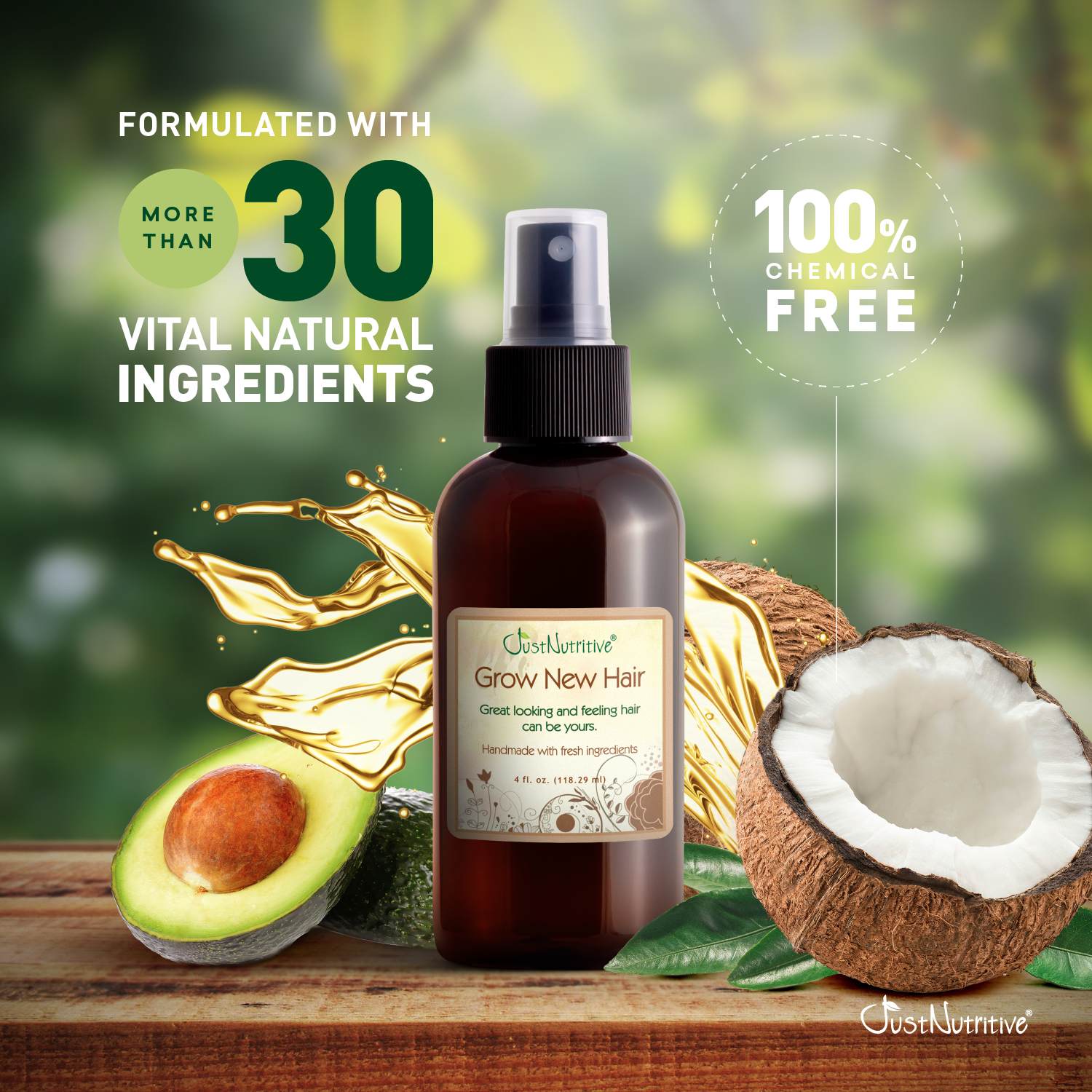 Hair growth product with natural ingredients like avocado and coconut on a wooden surface.