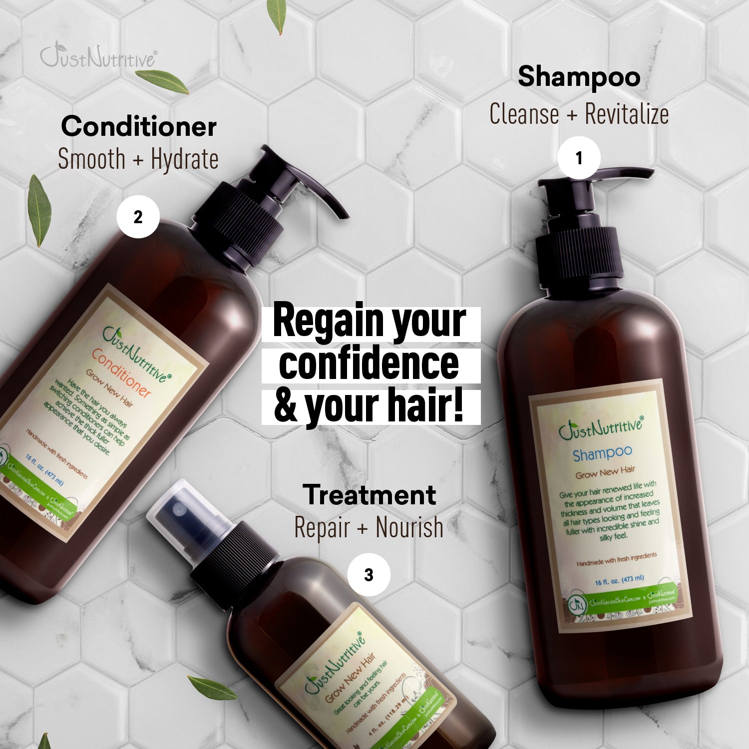 Three bottles of OliveHerbals hair care products on a white background with text promoting confidence and hair care.