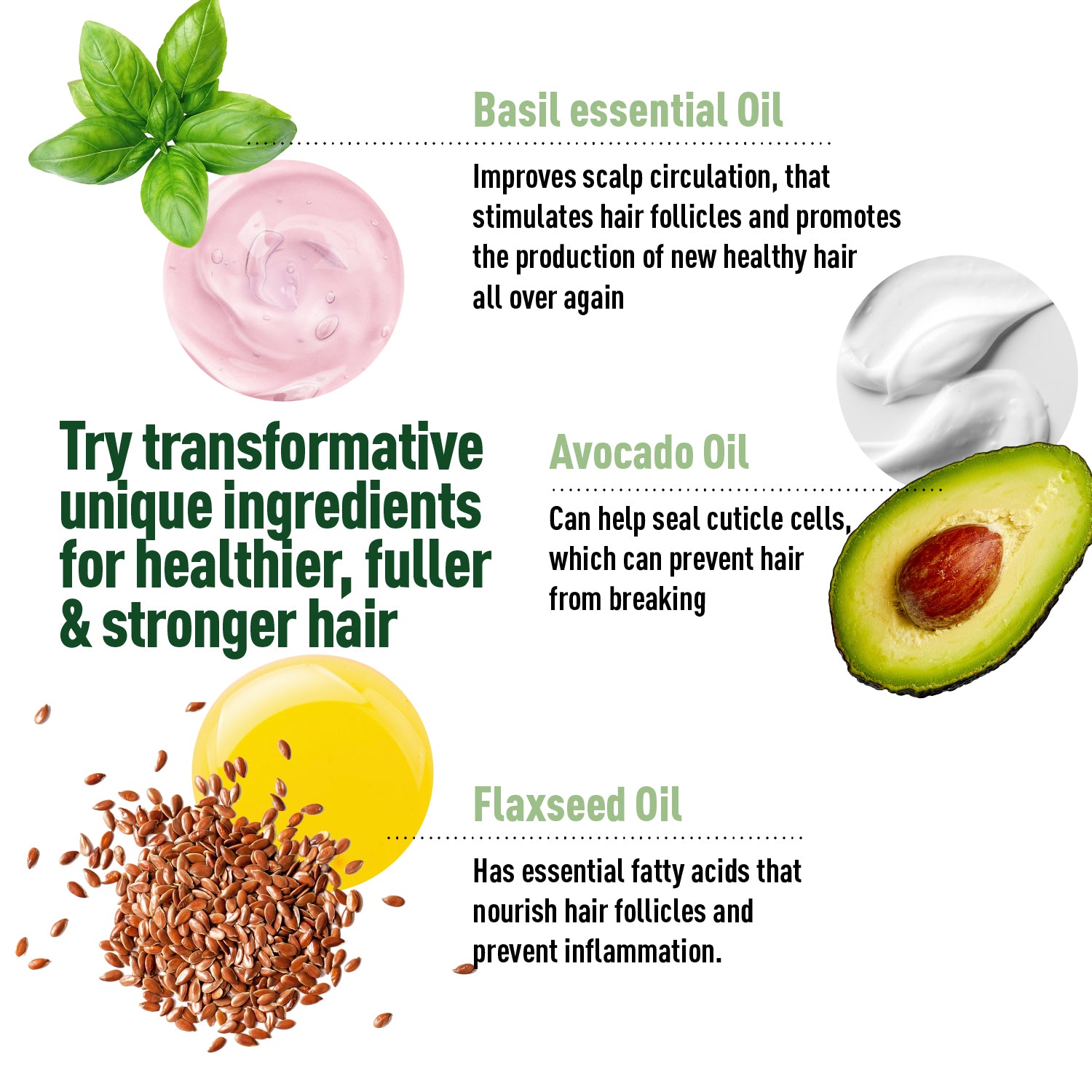 Promotional graphic with basil, avocado, and flaxseed oil for hair health.