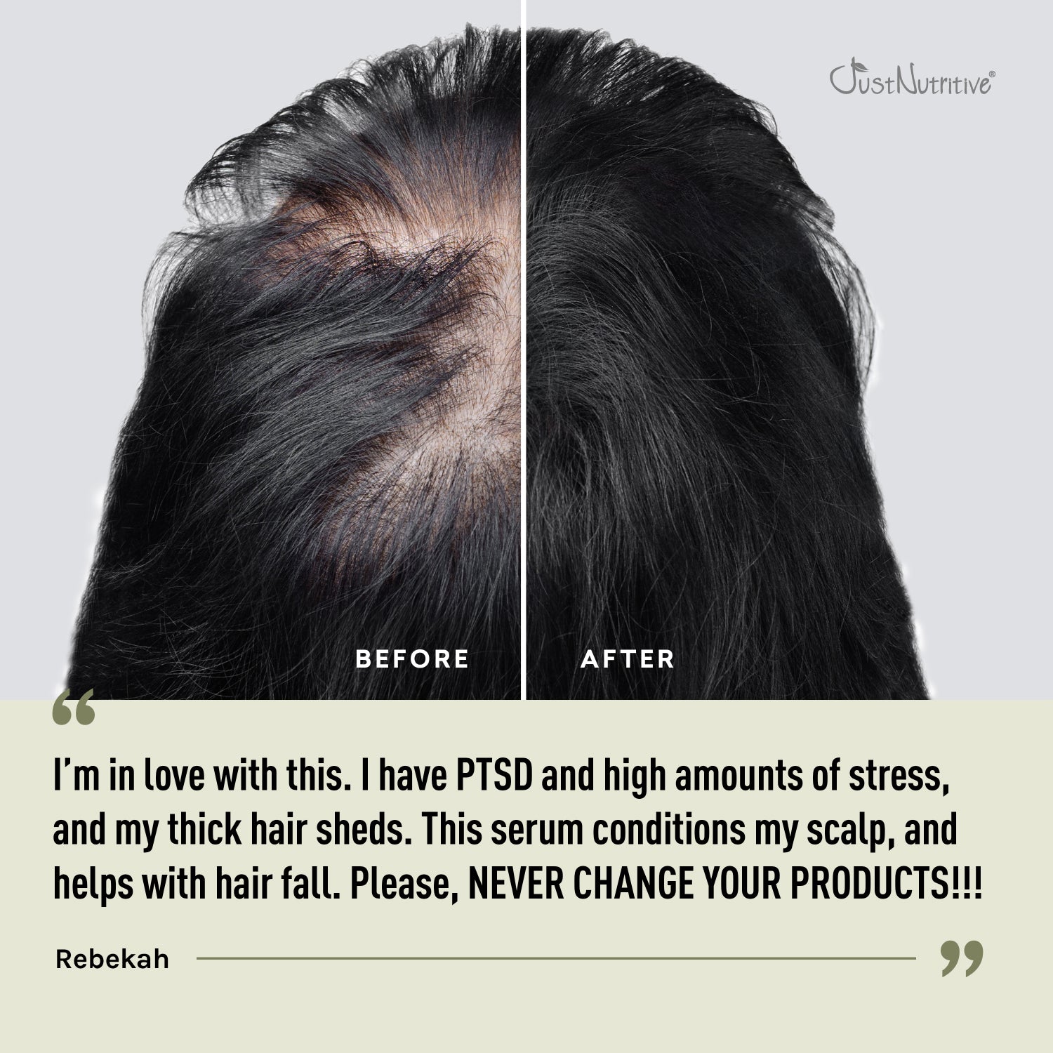 Before and after comparison of hair with a text overlay about a hair serum's effectiveness.