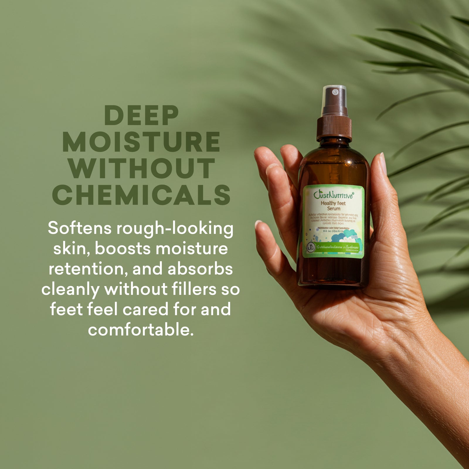 Hand holding a bottle of Chiehm foot spray with text about deep moisture without chemicals on a green background.