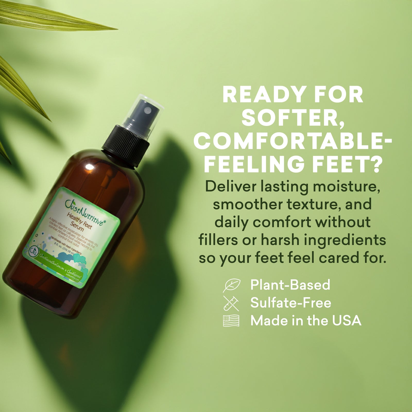 Brown bottle with green label on a light green background, featuring text about foot care product benefits.