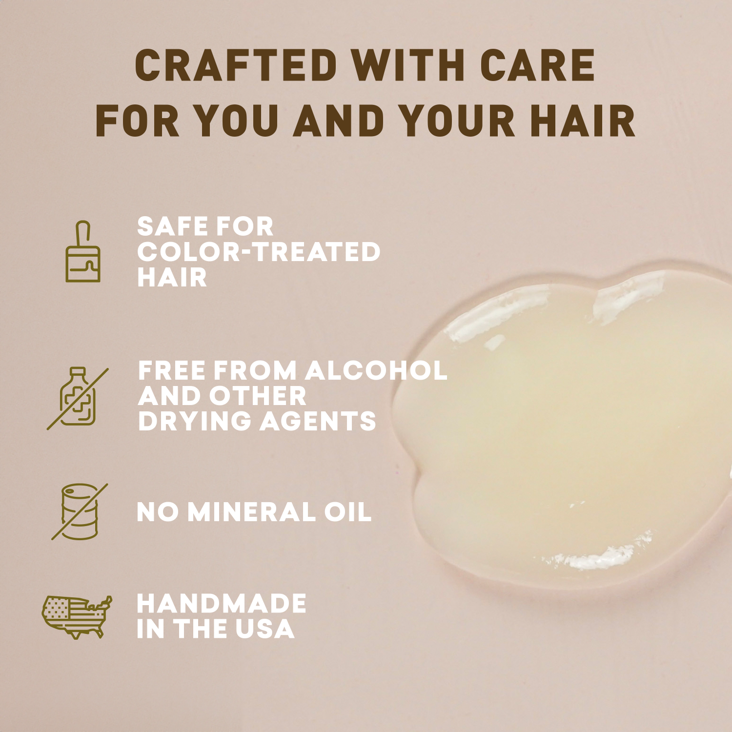 Product label with text about hair care product safety and features on a beige background.