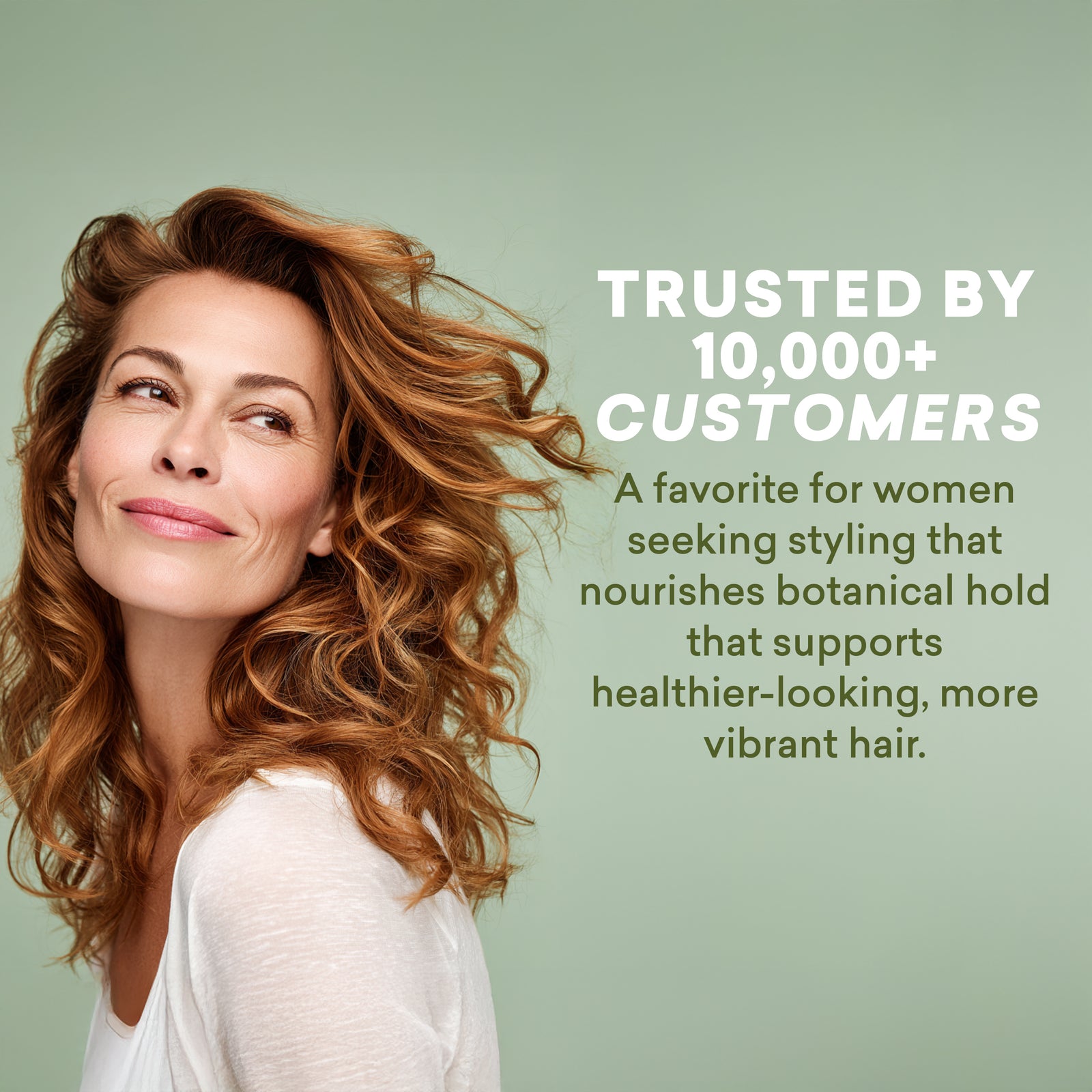 Woman with styled hair on a light green background with text about product trustworthiness.