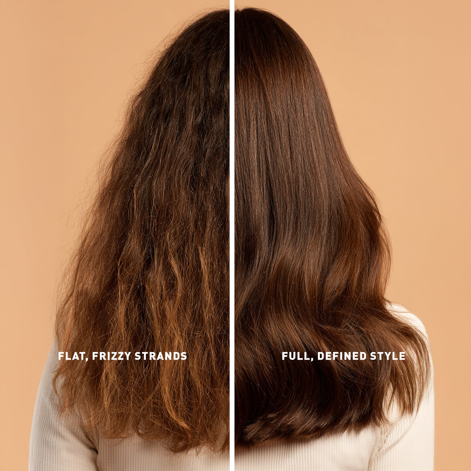 Before and after comparison of hair strands on a beige background
