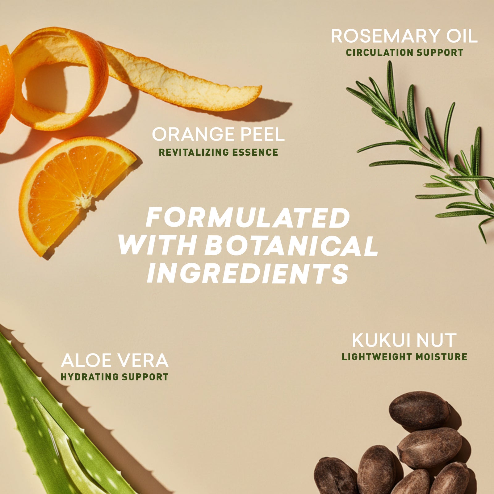 Product ingredients with rosemary oil, orange peel, aloe vera, and kukui nut on a beige background.