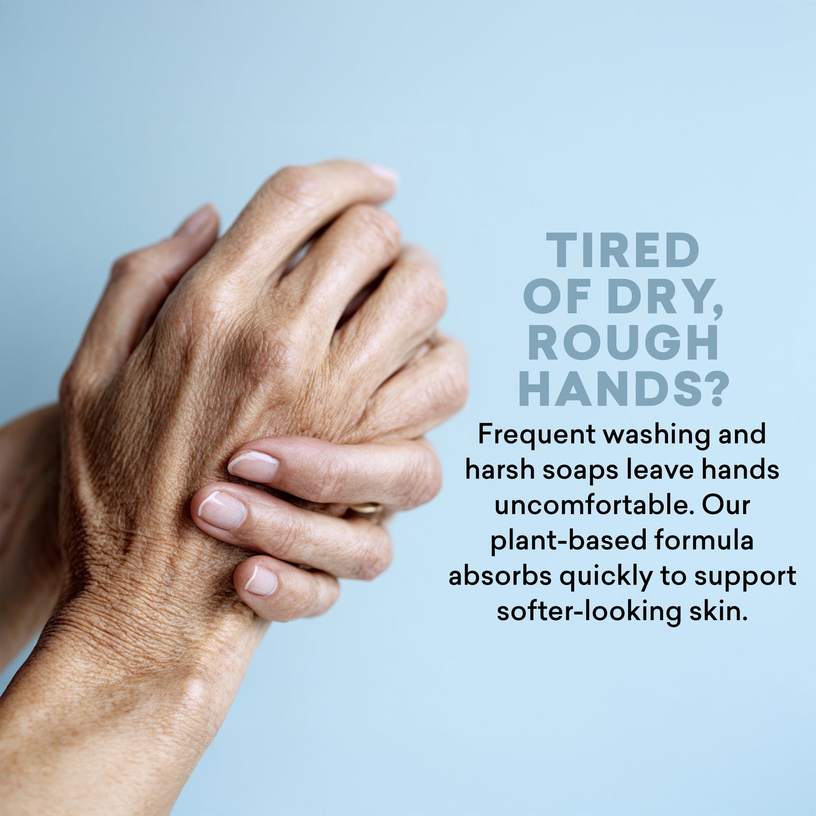 Dry, rough hands with text about a plant-based hand cream formula.