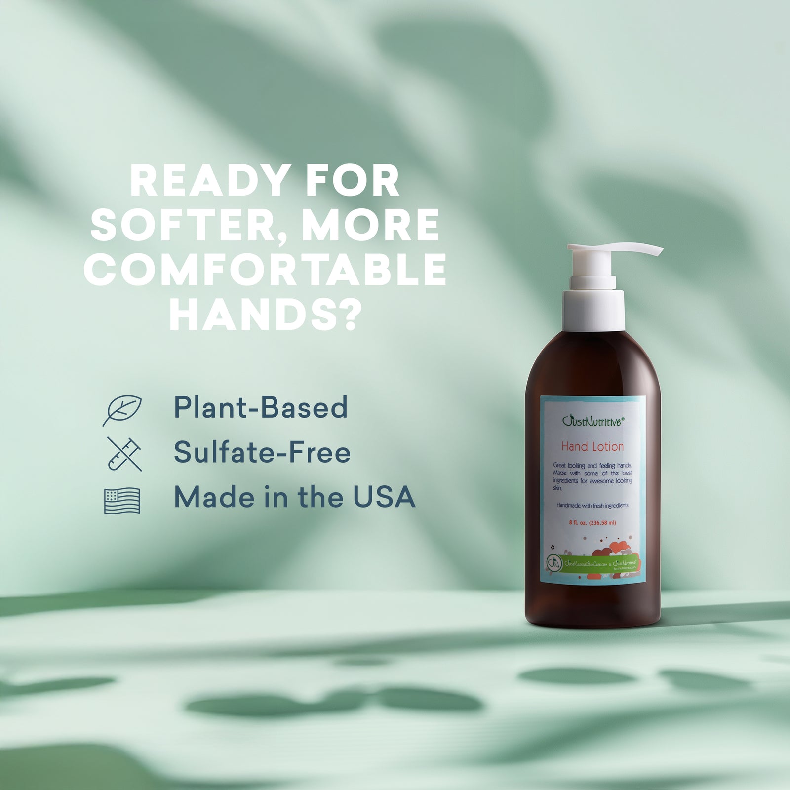 Hand lotion bottle with text about softer, more comfortable hands on a light green background