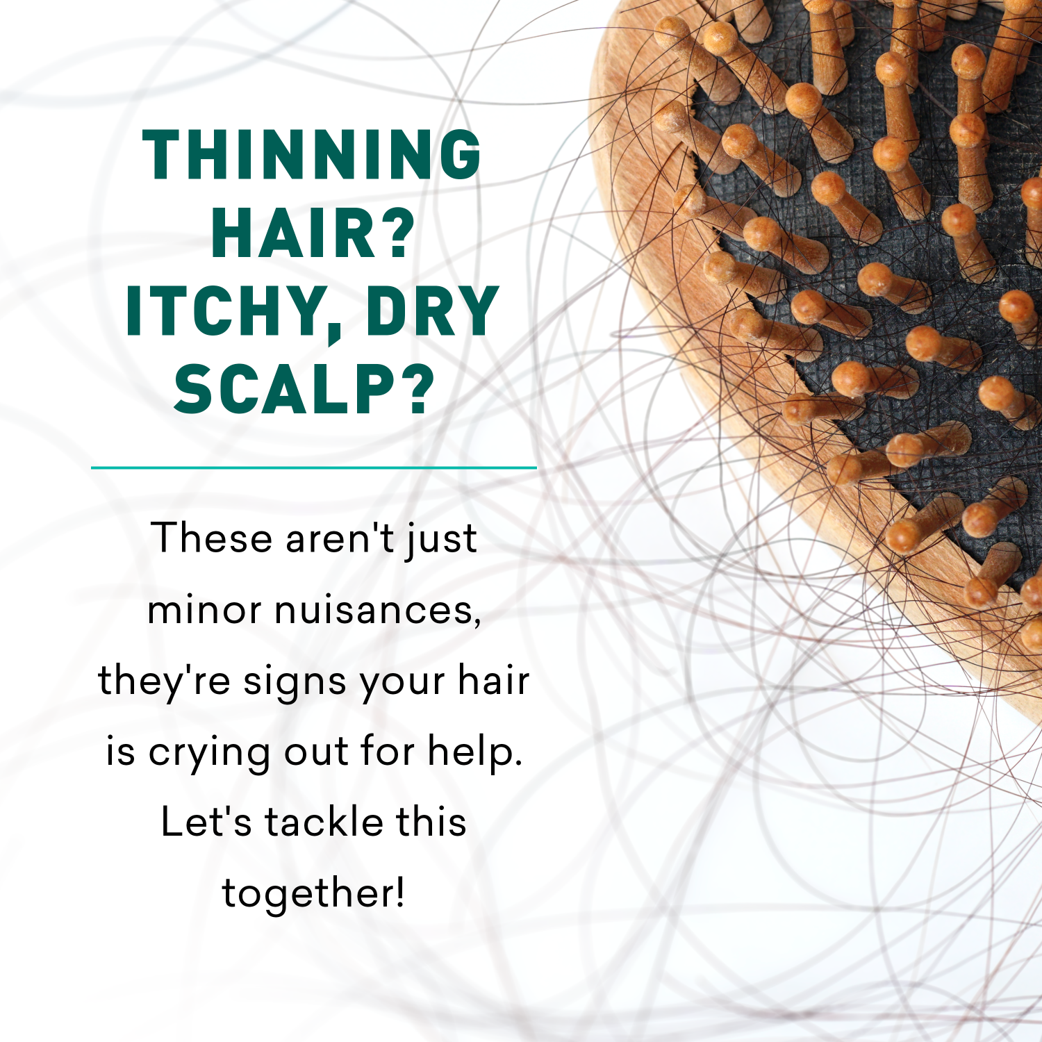 Hairbrush with text about thinning hair and itchy, dry scalp on a white background