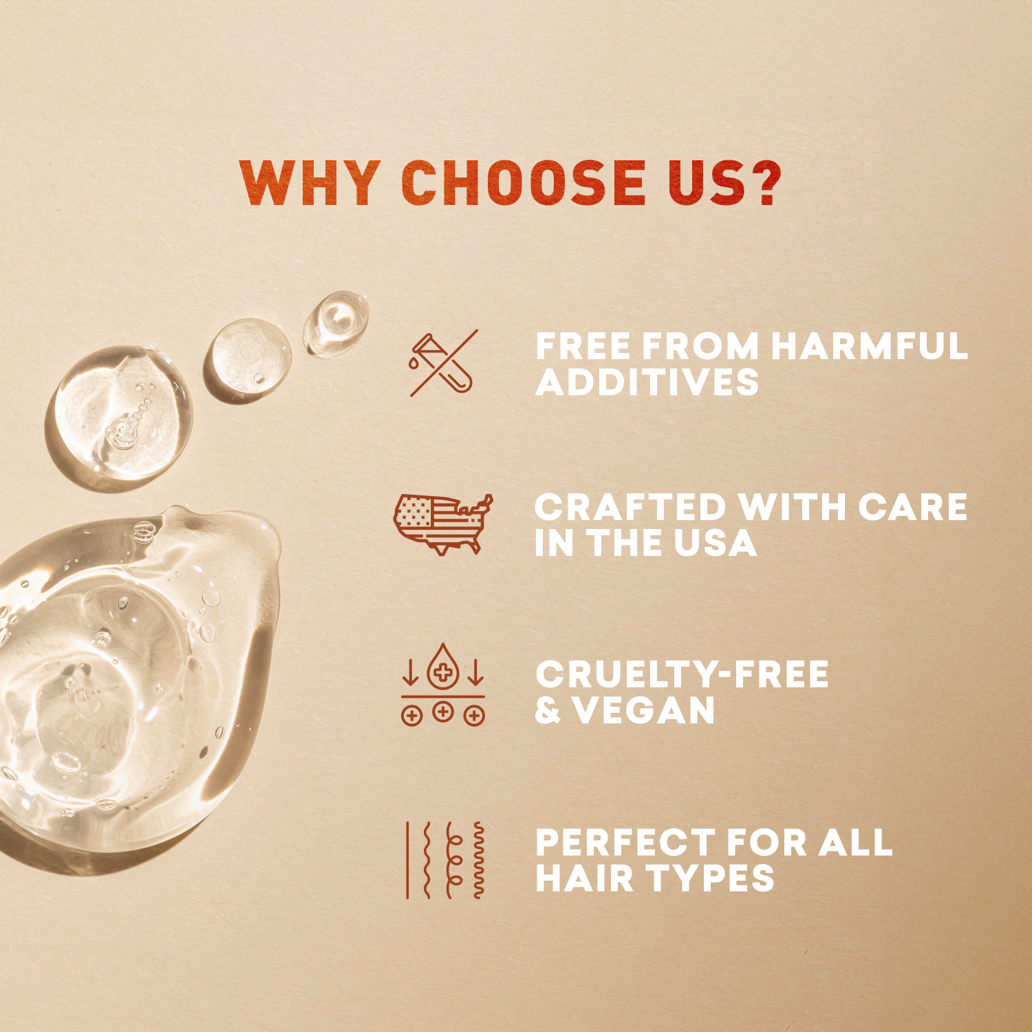 Promotional graphic highlighting features of a product on a beige background