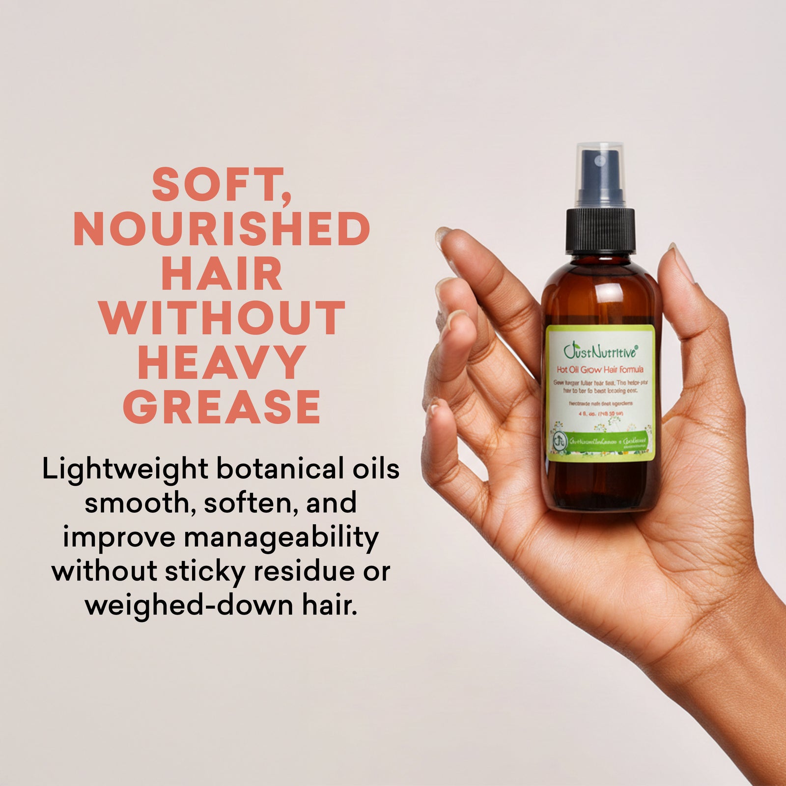 Hand holding a bottle of hair care product with text about soft, nourished hair.