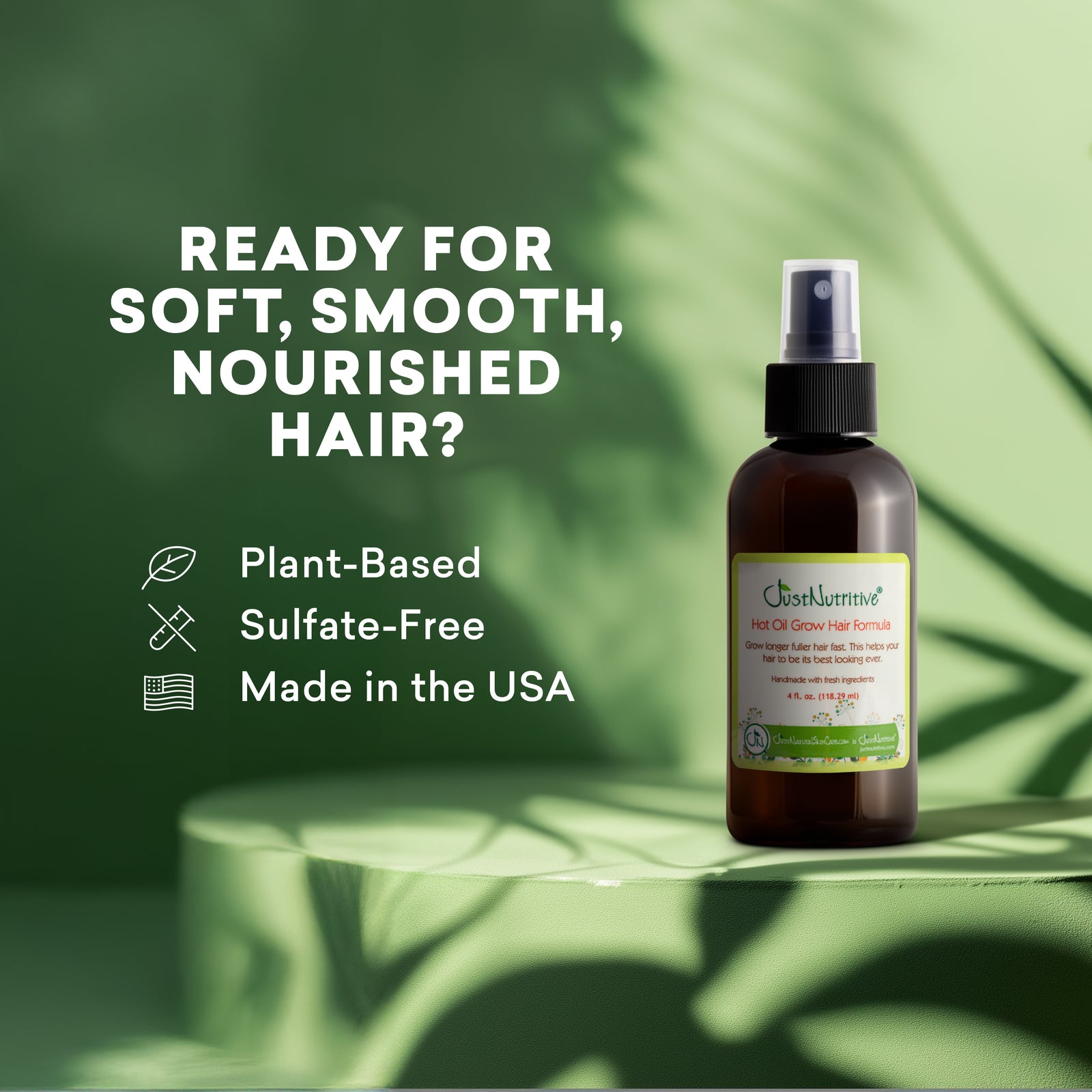 Hair care product bottle with green leaf background and text about soft, smooth, nourished hair.