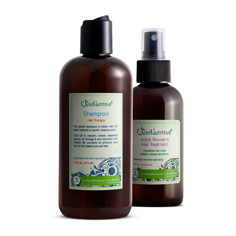 Just Nutritive Hair Therapy Shampoo and Adult Women's Hair Treatment spray bottle