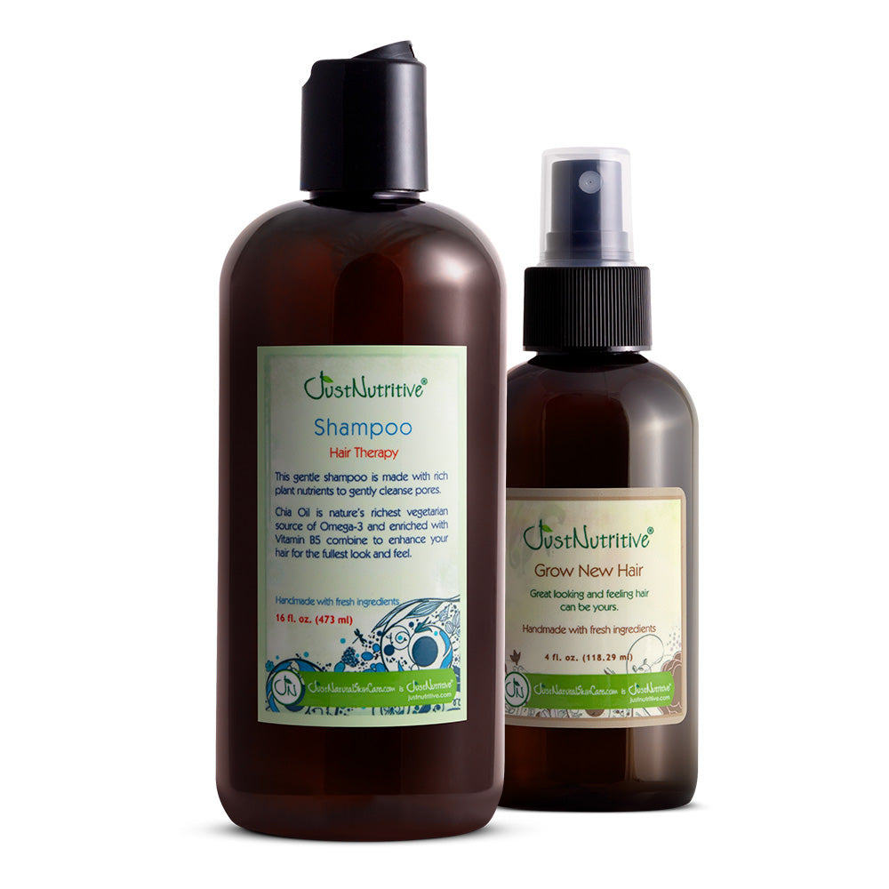 Just Nutritive Hair Therapy Shampoo bottle and Grow New Hair Treatment spray bottle