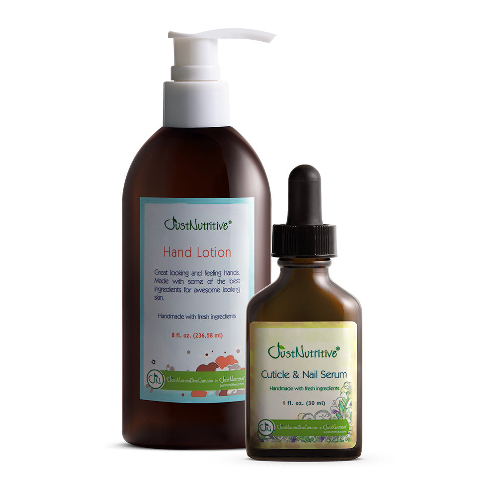 Just Nutritive Hand Lotion pump bottle and Cuticle & Nail Serum dropper bottle