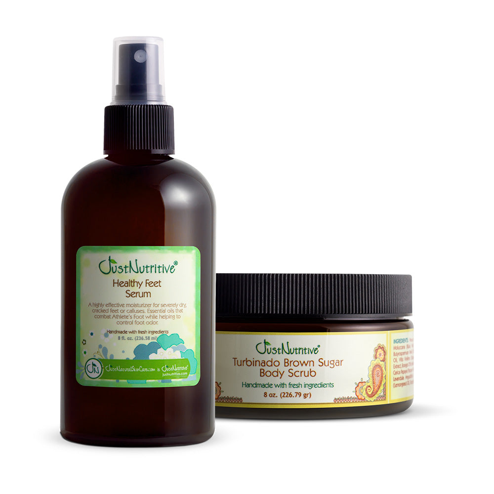 Just Nutritive Healthy Feet Serum spray bottle and Turbinado Brown Sugar Body Scrub, 8 oz jar