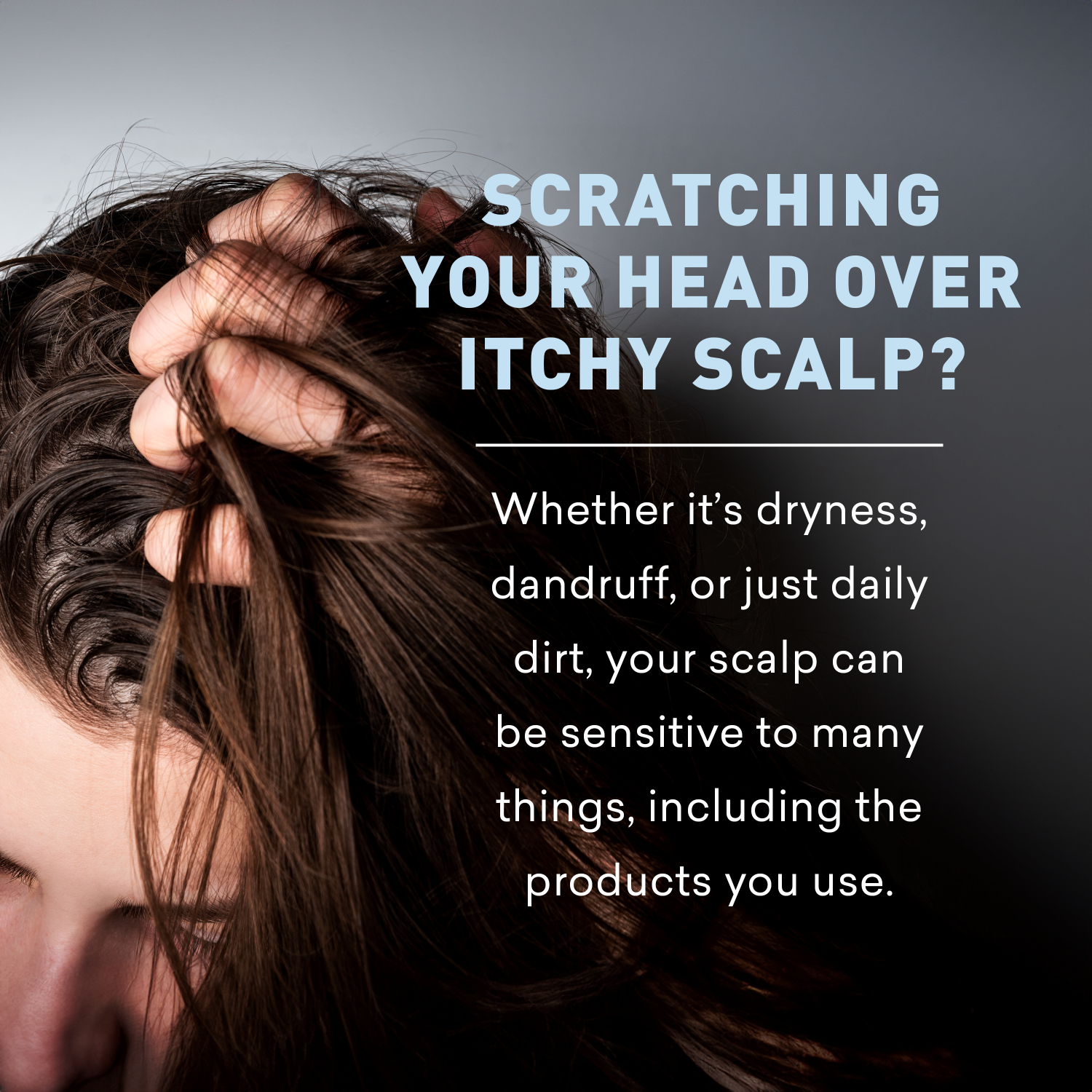 Person scratching an itchy scalp with text about scalp issues and product sensitivity.