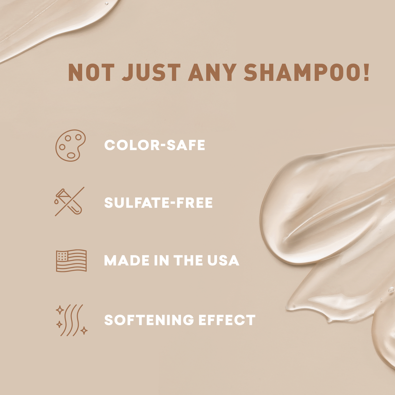 Shampoo product with text highlighting features on a beige background