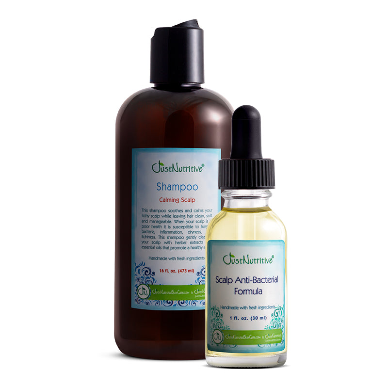 Just Nutritive Calming Scalp Shampoo and Scalp Anti-Bacterial Formula dropper bottle