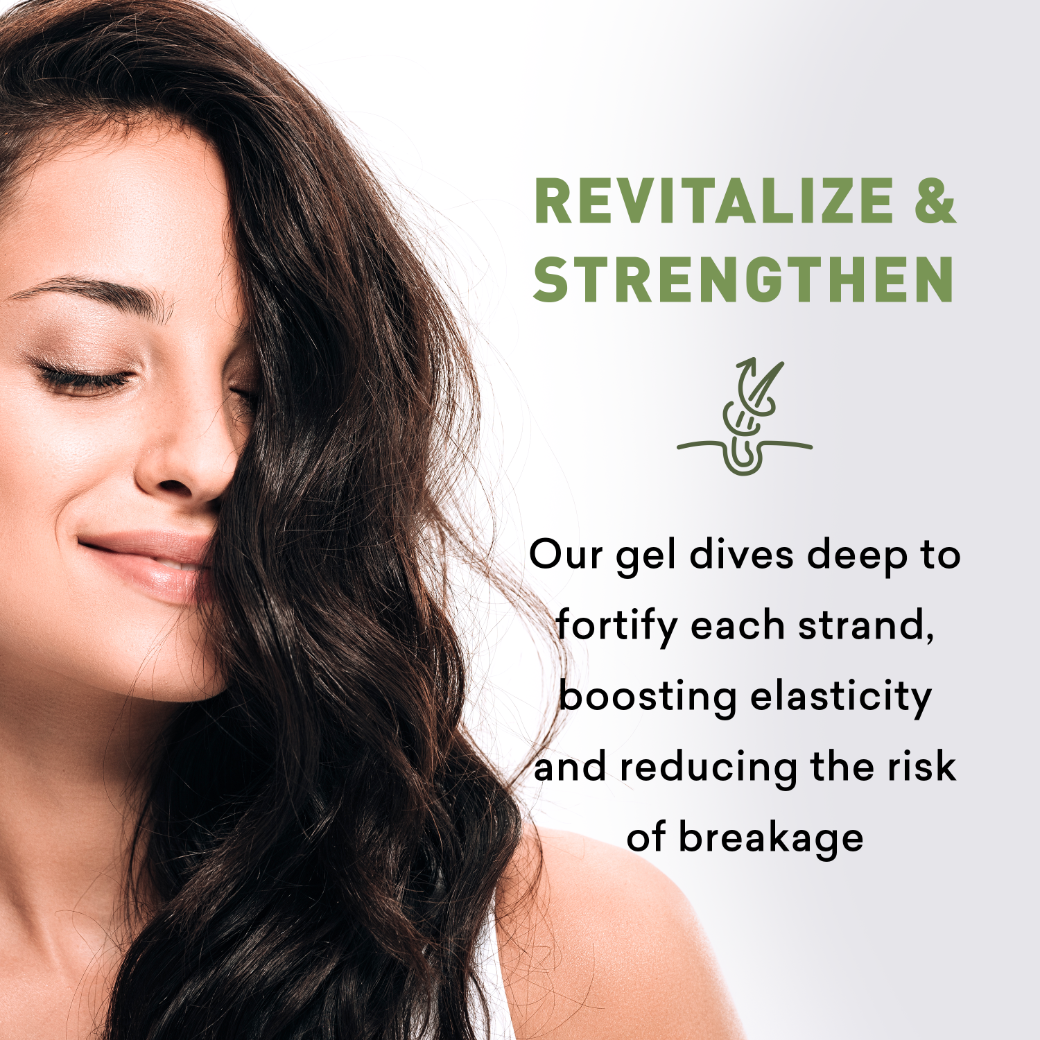 Woman with long, wavy hair and text about gel fortifying strands on a white background