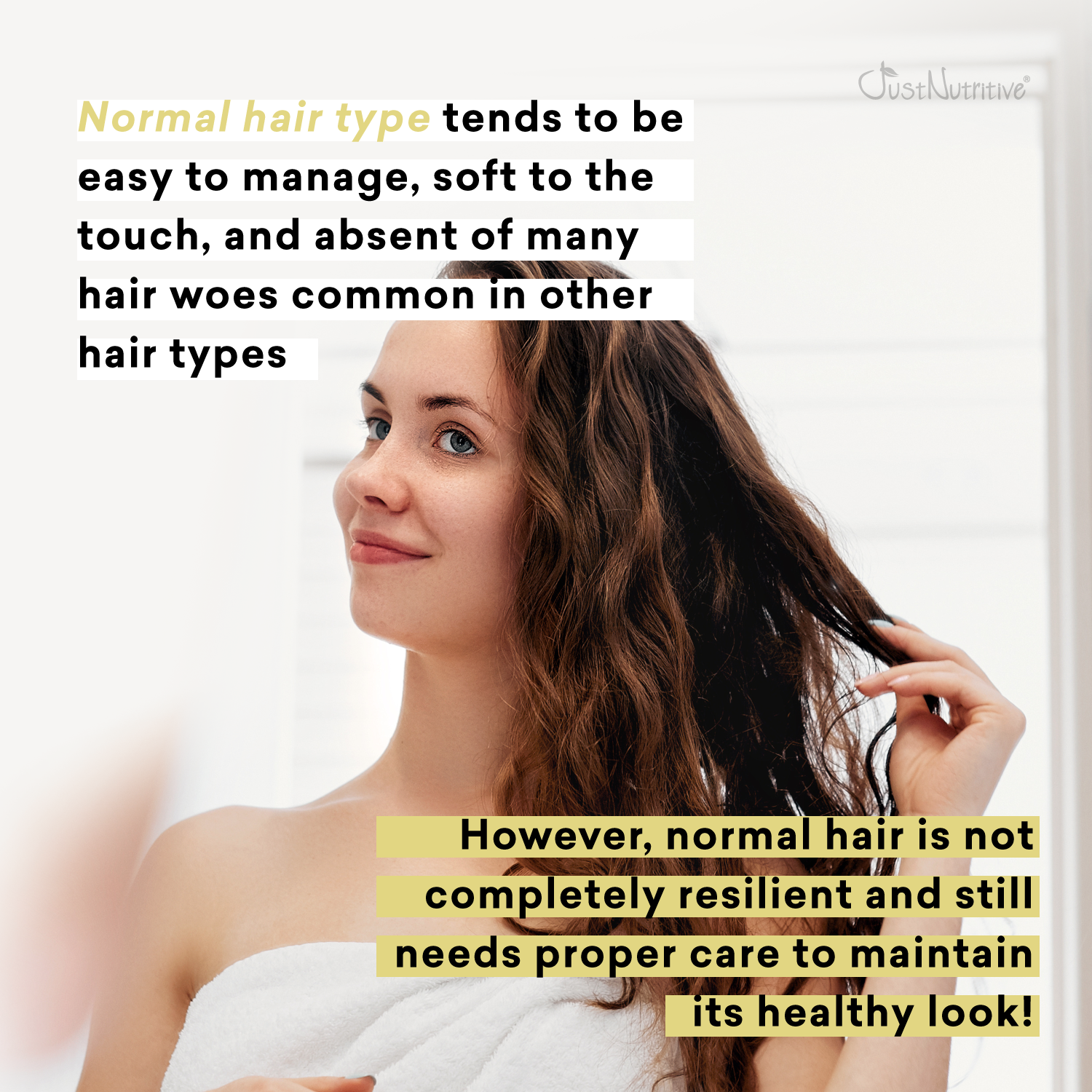 Woman with long brown hair touching her hair, with text about normal hair type.