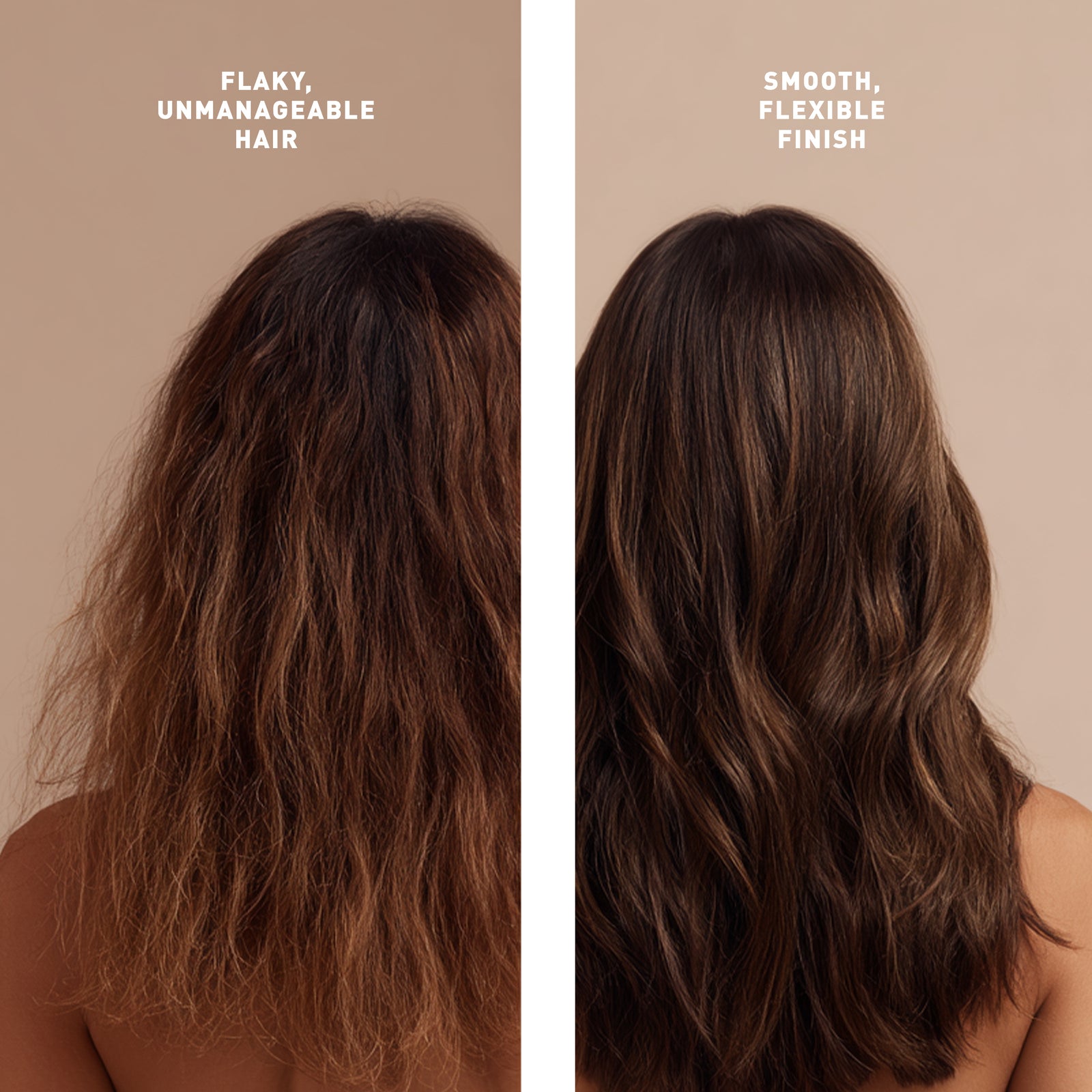 Comparison of flaky, unmanageable hair on the left and smooth, flexible hair on the right against a beige background.