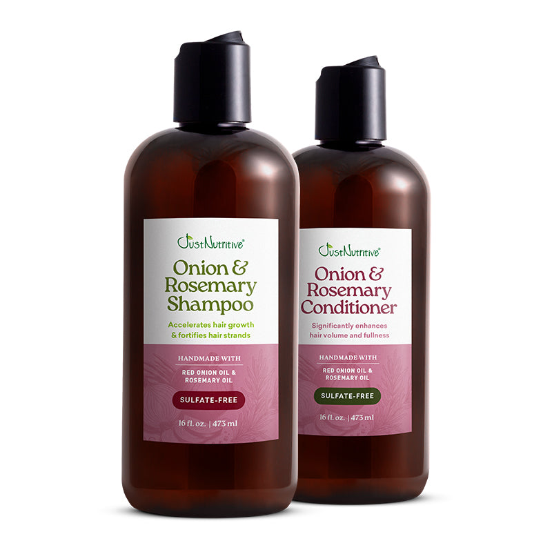 Two bottles of Onion & Rosemary shampoo and conditioner on a white background