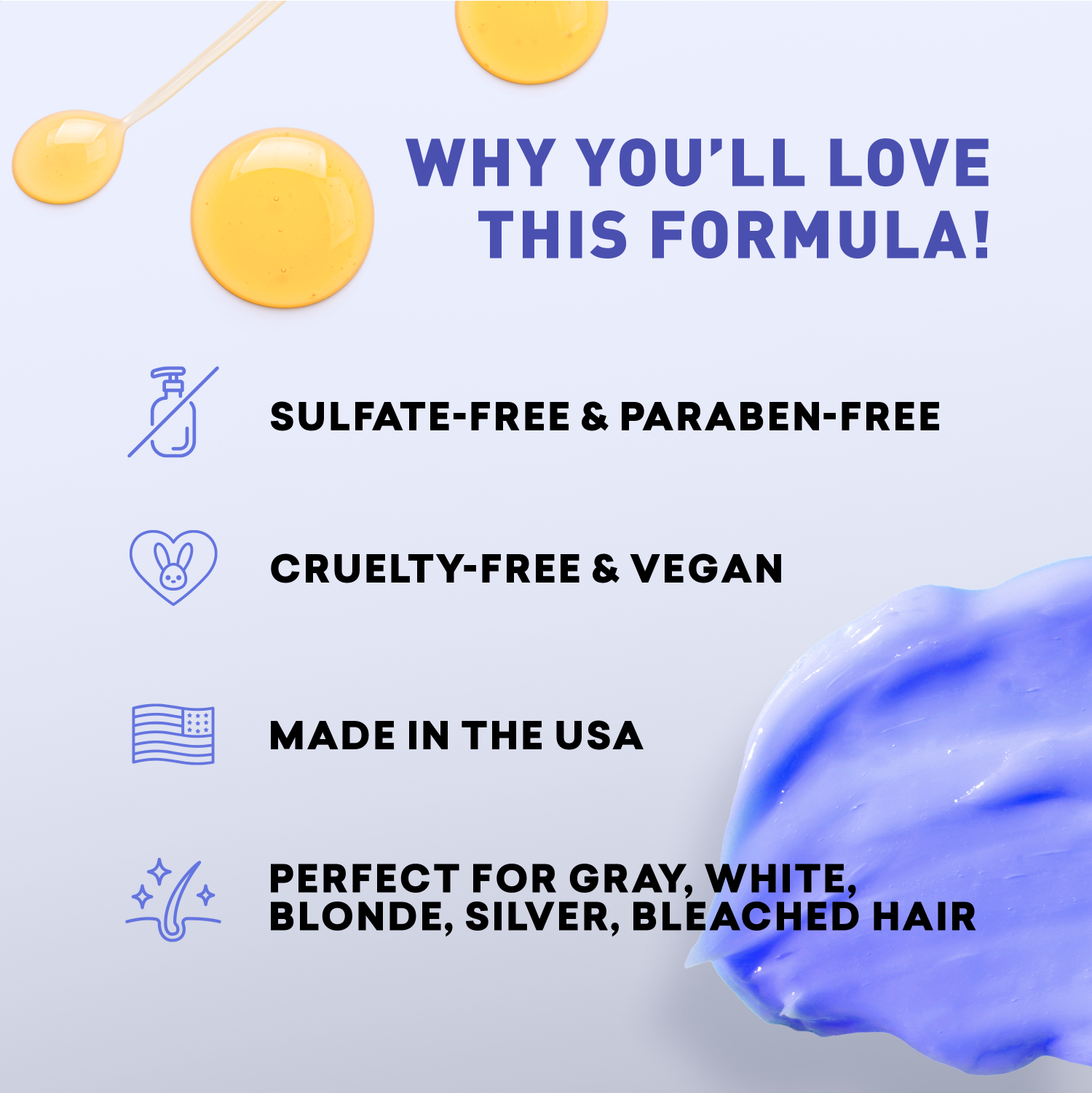 Promotional graphic highlighting features of a hair care product with blue and yellow elements.