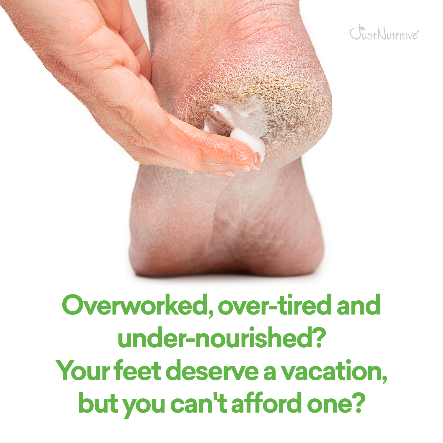 Person applying cream to a foot with text about foot care on a white background