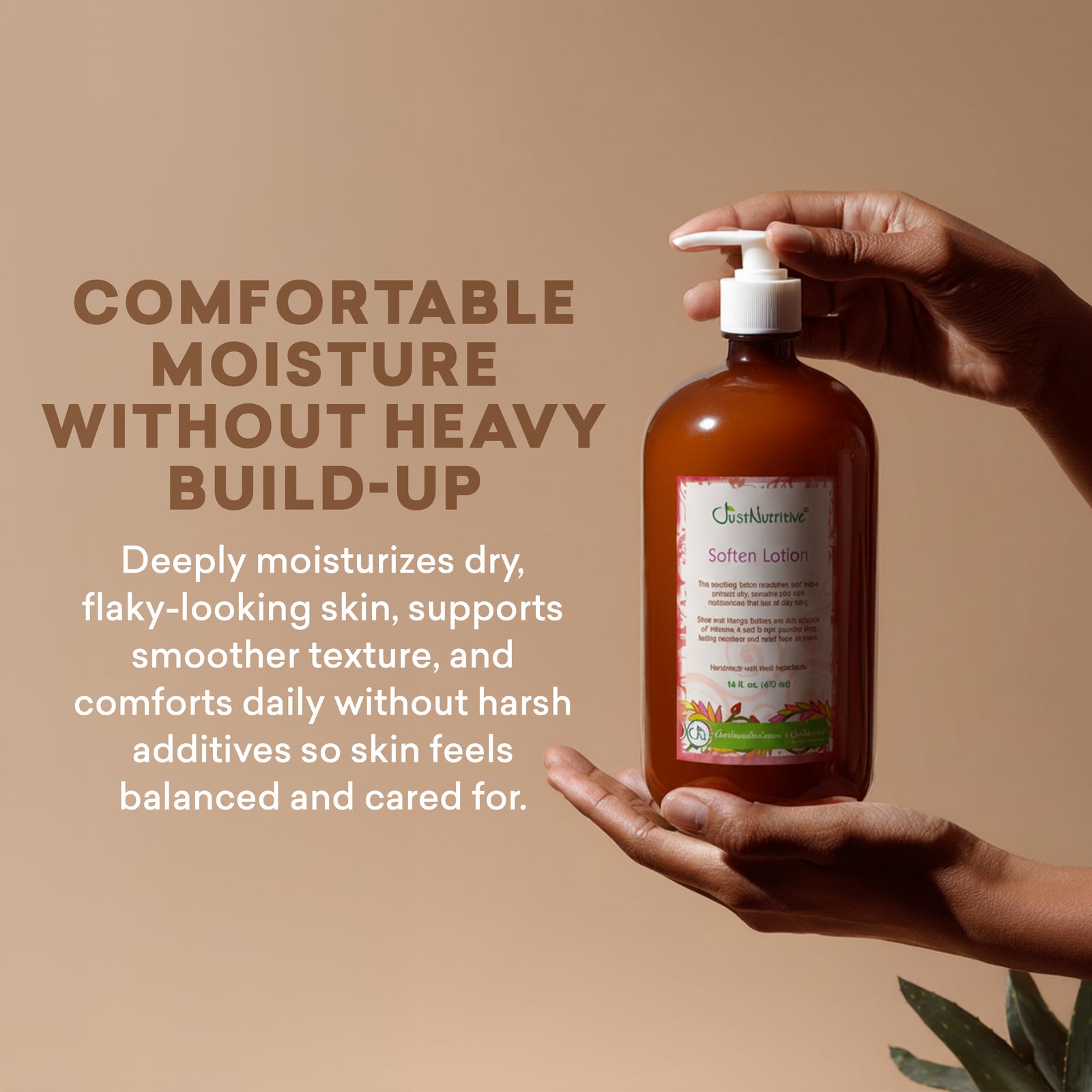 Hand holding a bottle of 'Goshun' lotion with text about its benefits on a beige background