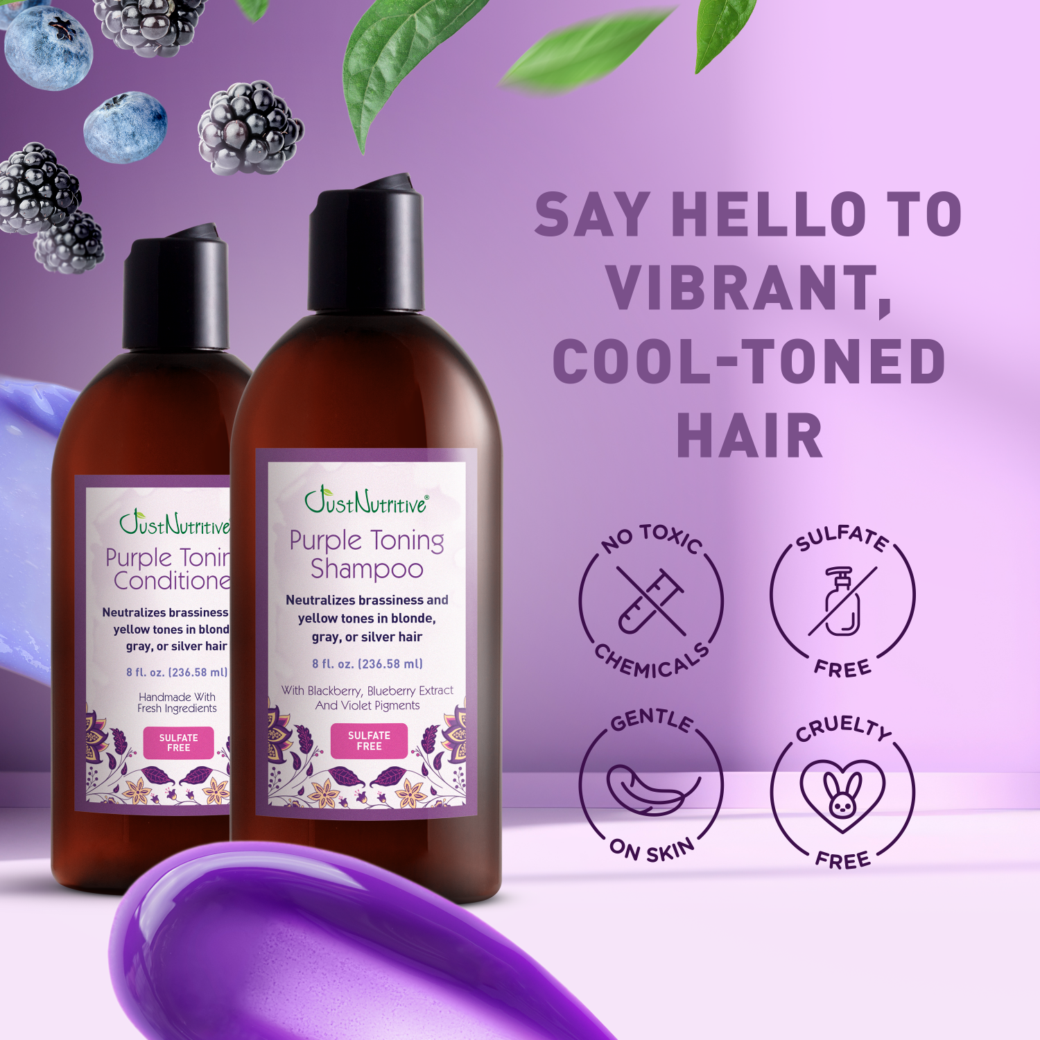 Purple toning shampoo and conditioner bottles with natural ingredients on a purple background